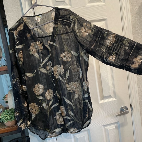 Fig & Flower Anthropologie black sheer button up chiffon blouse w floral print - Picture 9 of 12